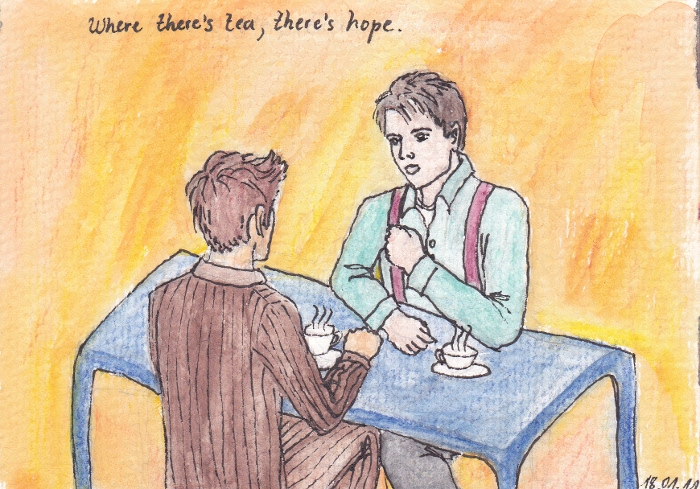 Tenth Doctor having tea with Jack Harkness, caption: Where there's tea, there's hope'